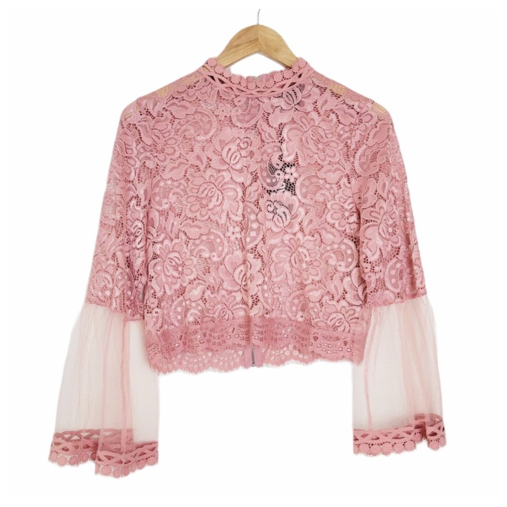 Love University Crop Top Blush Rose Sheer Lace Bell Sleeve Mock Neck Zip Back - Picture 12 of 12